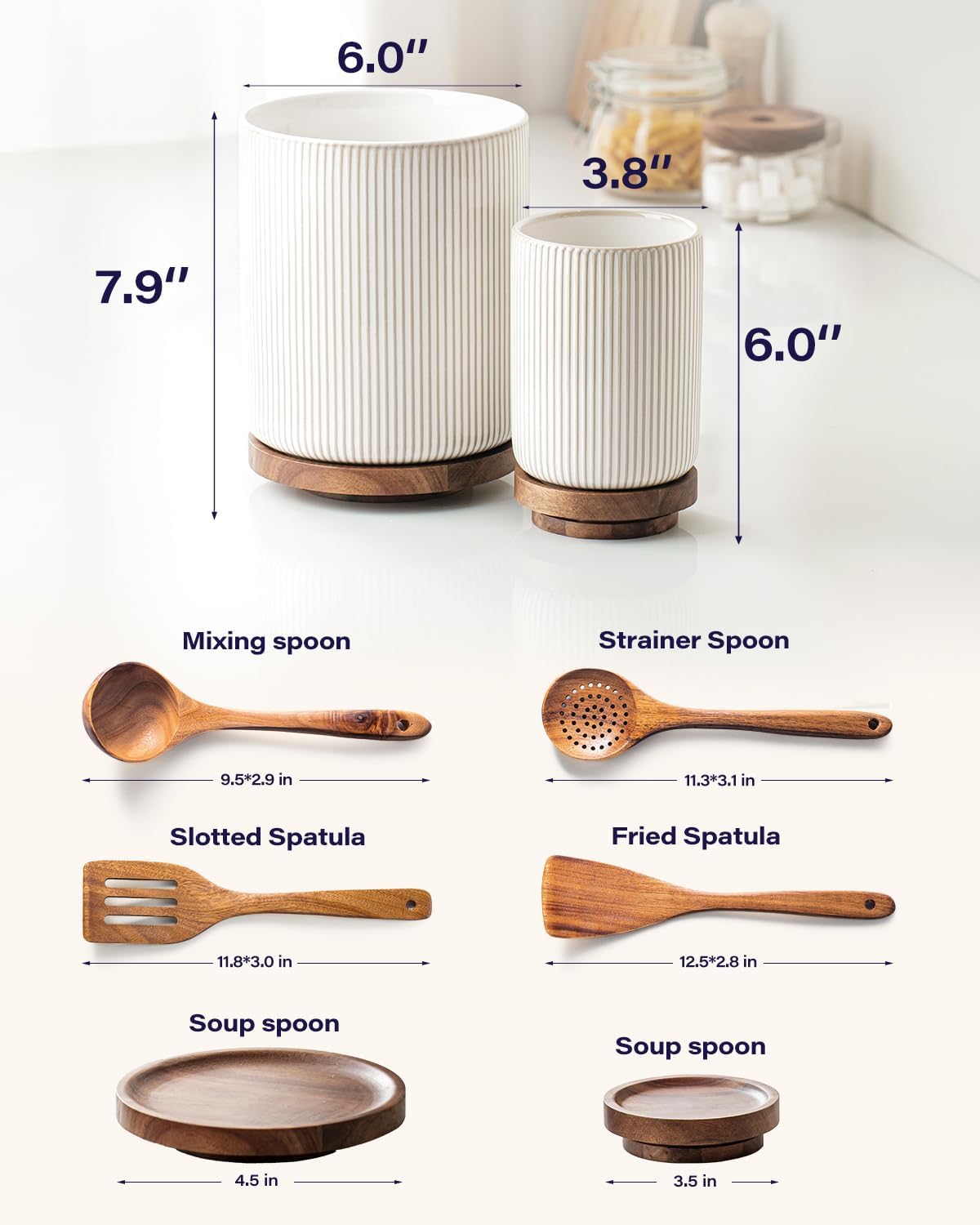 getstar Large Rotating Utensil Holder for Kitchen Counter,7.9"+6" Ceramic Utensils Crocks Set for Countertop Large & Small Utensil Organizer for Spatula Farmhouse Kitchen Decor