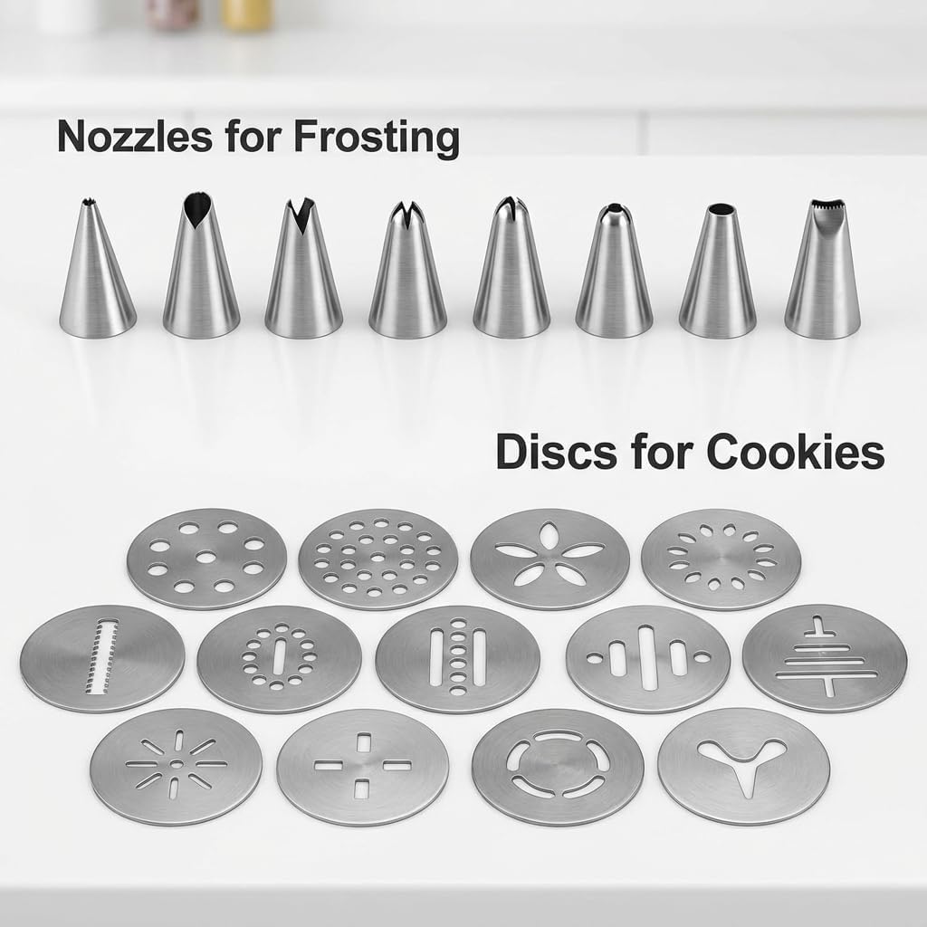 Close-up view of the 8 frosting nozzles and 13 cookie discs included in the kit.