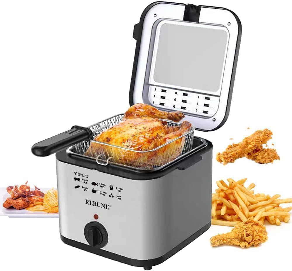 REBUNE RE-11-048 Electric Deep Fryer 1800W 2.5 Liter Capacity Deep Fat Fryer, Silver/Black