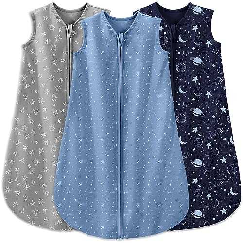 Image of Unnivoll Baby Sleep Sack 18-24 Months 3 Pack 100% Cotton Lightweight 0.5 TOG Wearable Blanket Baby Sleep Bag with 2-Way Zipper for Newborn Infant Toddler Grey Blue Planets