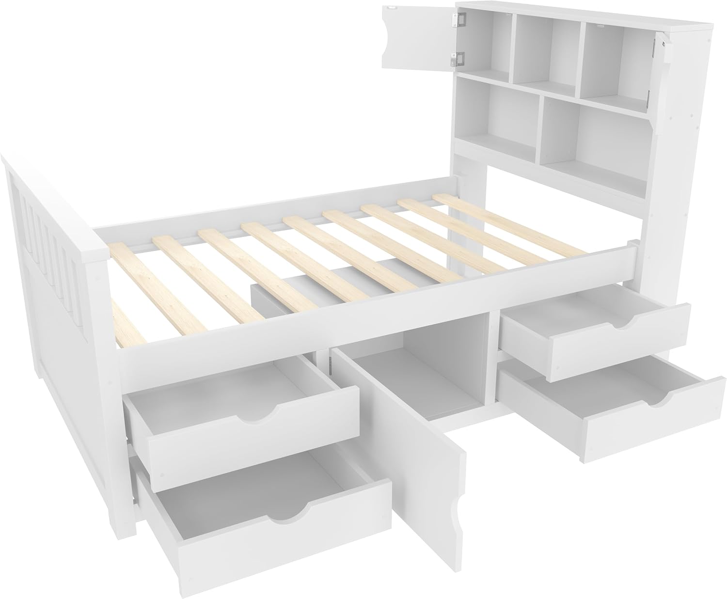 Merax Twin Size Platform Bed, Captain Bed Frame with 4 Storage Drawers and Bookcase and Shelves, Multi-funtional Storage Bed, White