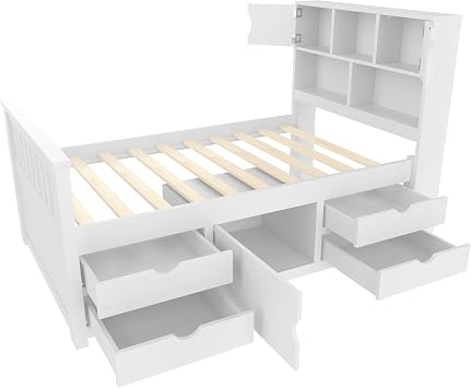 Bellemave Twin Captains Bed with Storage Drawers, Daybed with Drawers, Captain Platform Bed Frame with Storage Bookcases and Shelves for Kids, Teens, Adults, White