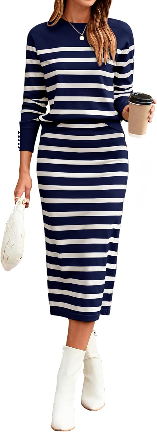 Glamaker 2 Piece Skirt Sets for Women 2026 Fall Fashion Striped Casual Sweater Dress Knit Lounge Travel Outfits Winter Cloth