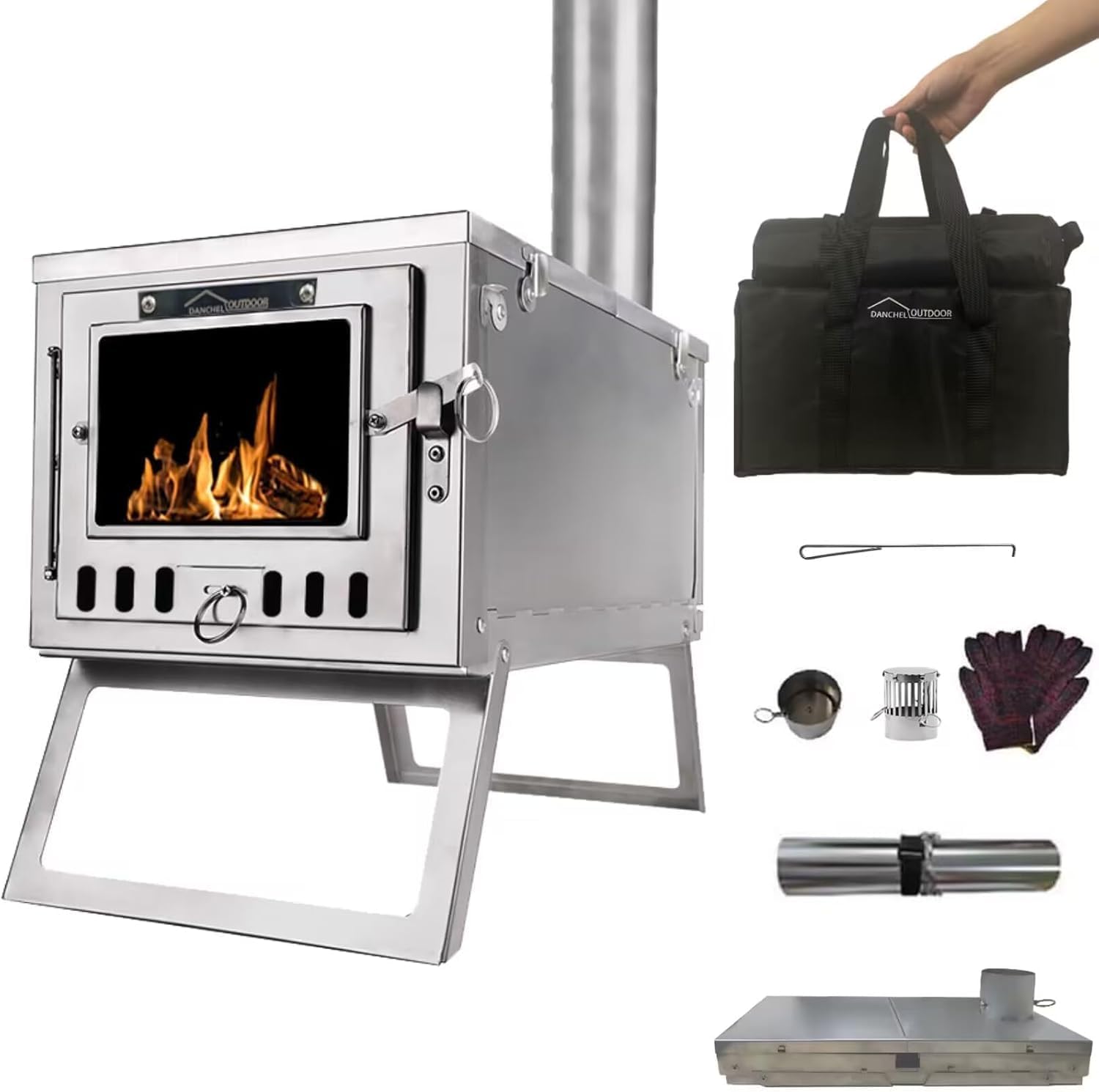 DANCHEL OUTDOOR S6 Portable Hot Tent Stove 304 Stainless Steel 6.6LB Small Folding Wood Stove with 7.2ft Chimney Pipes for Backpacking Winter Camping Cooking