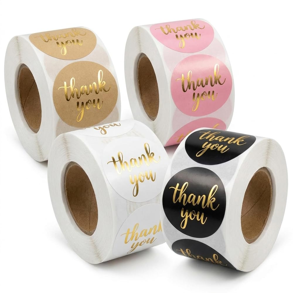 2000 Pcs Self-Adhesive Thank You Stickers, 4 Vibrant Colors, for Gift Wrapping, Crafts, and Business Packaging, Wedding, Baking
