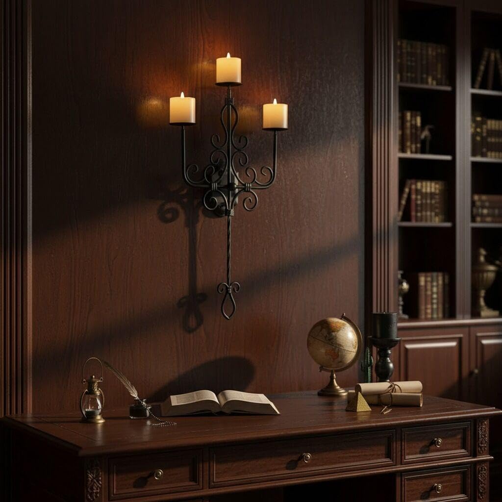 Large Wall Sconce Candle Holder，3 Iron Candelabra,Gothic Victorian Metal Wall Decor，Oversized Wall Candle Sconces，Retro Black Wall Sconces for Home,Living Room, Bathroom, Dining Room，Set of 1