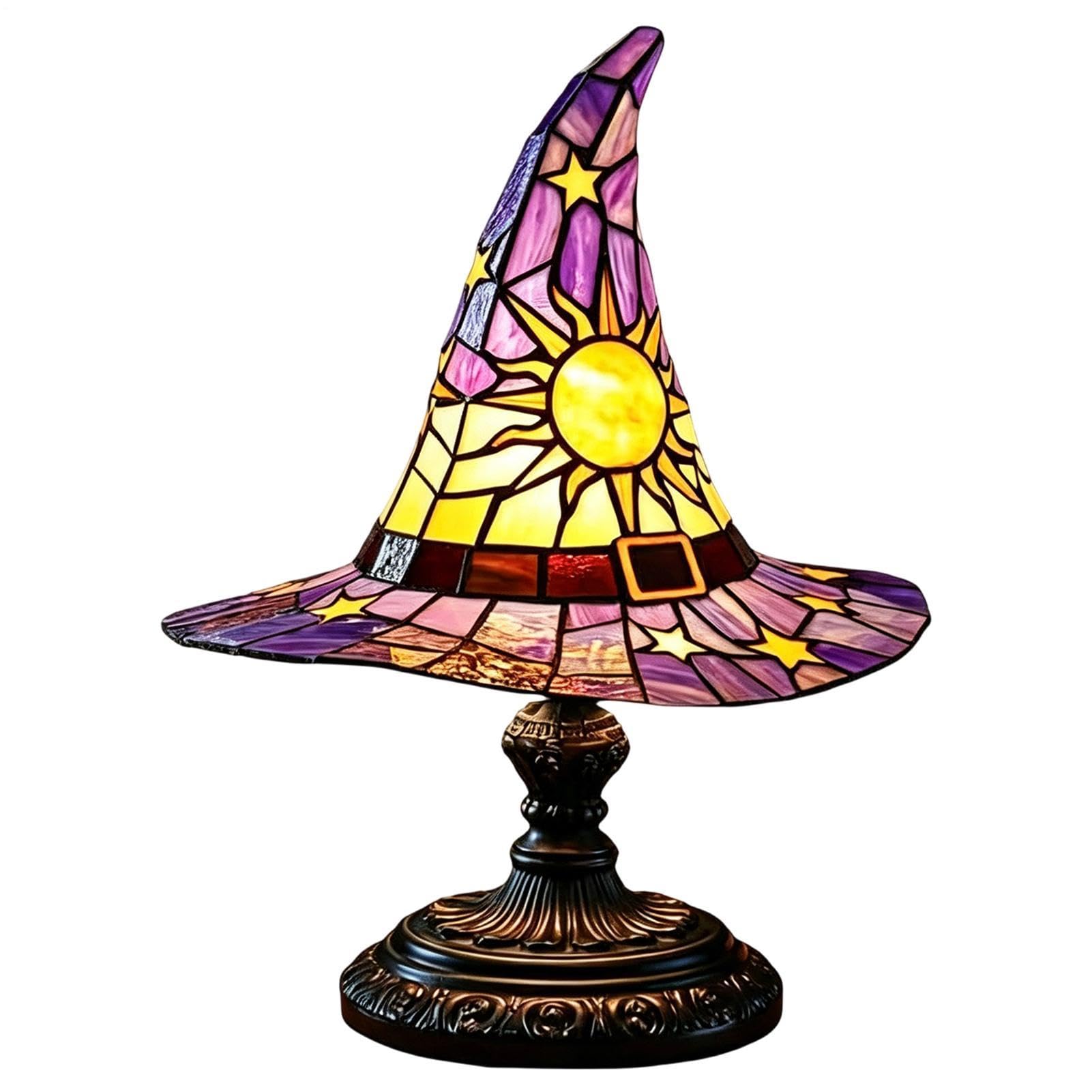 Caowzz Halloween Stained Glass Witch Hat Lamp, Witch Hat Lamp Stained Glass, Glowing LED Tabletop Lantern, Retro Home Ornament for Living Room Shelf Decor