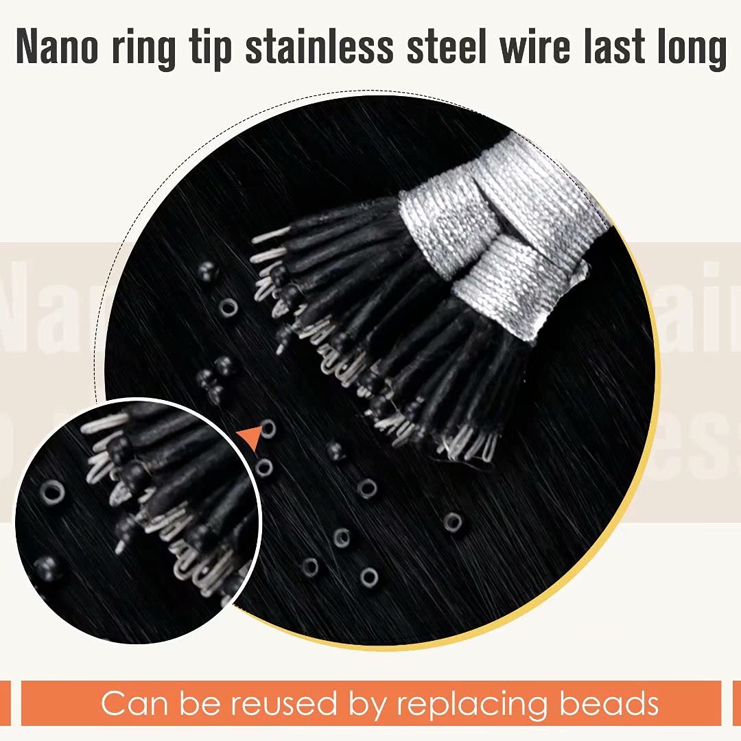 LaaVoo Nano Hair Extensions Real Human Hair Black Nano Beads Hair Extensions 24 Inch Natural Black Invisible Nano Ring Straight Remy Hair 50g 50s #1 - Image 4