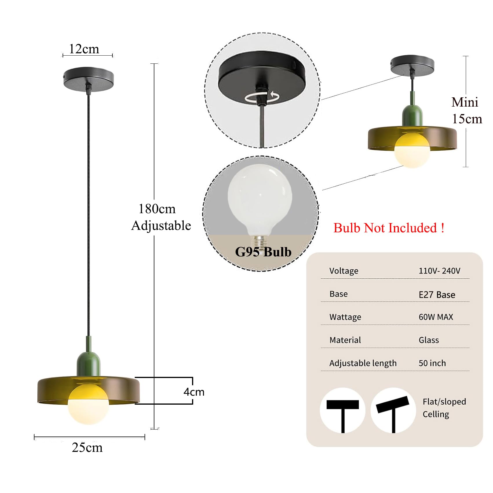 Pendelleuchte Esstisch, E27 Hängelampe aus Glas in Grün ⌀25cm, Pendellampe für Küchen Esszimmer Wohnzimmer & Schlafzimmer, Hängende Deckenlampe, Mid-Century Modern Stil