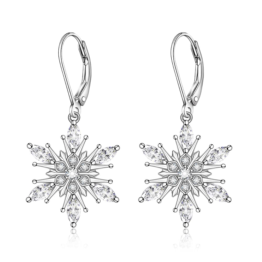 Snowflake Earrings Christmas Earrings for Women Winter Snowflake 925 Sterling Silver Leverback Dangle Drop Christmas Gifts