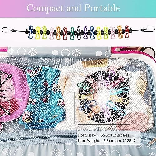 Travel Washing Line, 1 Pack Adjustable Elastic Travel Clothes Line, Camping Washing Line with 12 Colorful Clothespins for Indoor Laundry Drying Line, Outdoor Camping Accessories (Colorful)