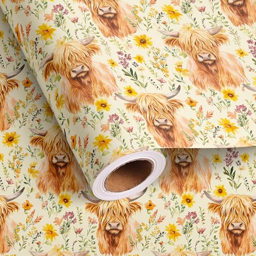 Vnaaem Highland Cow Wrapping Paper Roll - Brown Boho Flower Design Gift Wrap for Birthday Baby Shower Bridal Shower Holiday Party DIY Craft Party(Total 28.5sq.ft)