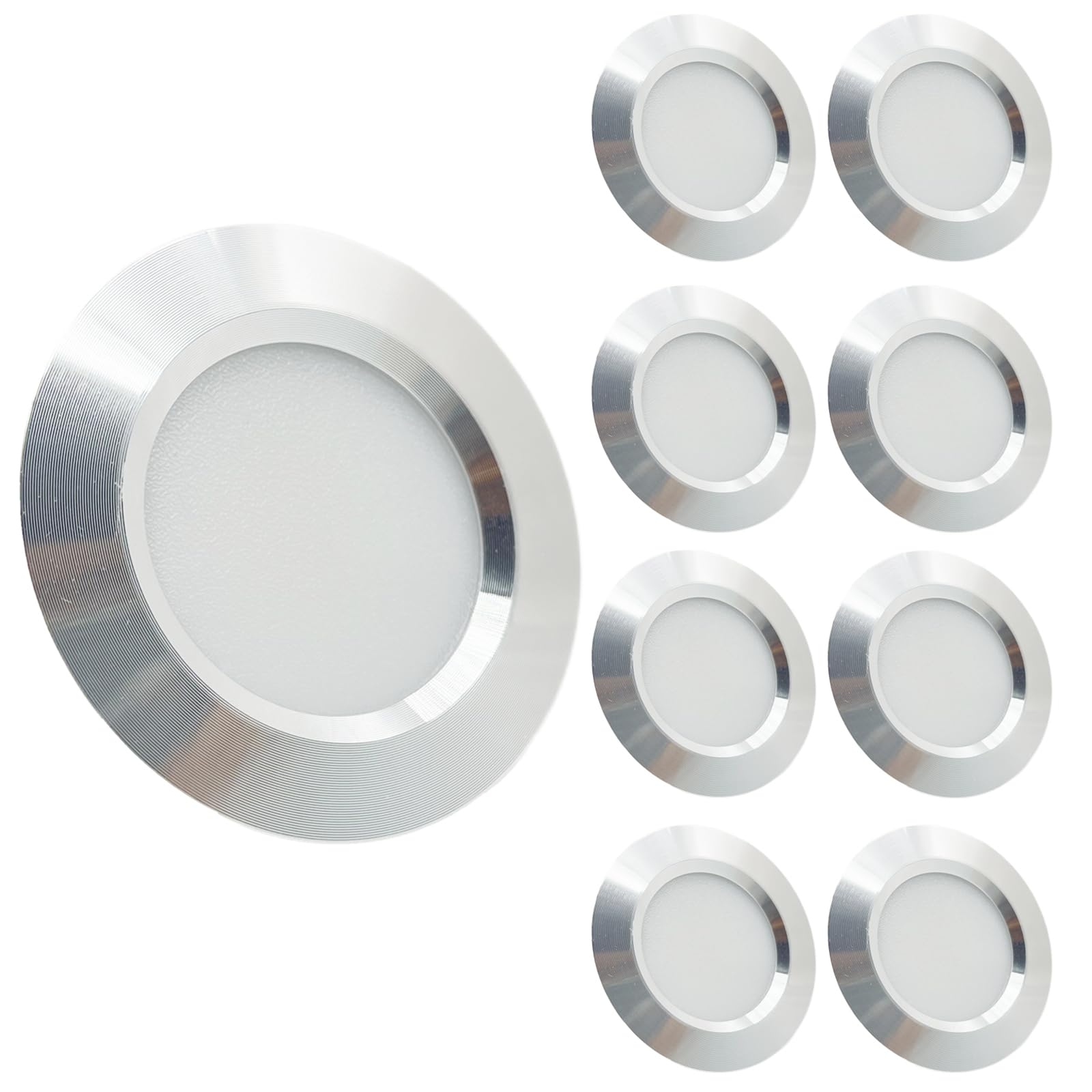 12V Campervan Encastré LED Mont Plafond Lumières Dimmable Lumières Tache 3W 6000K Lumière Blanche Pour T4 T5 Caravane Bateau Yacht Caravane Cabine Sous CRI 92+ 8 Pièces Argenté