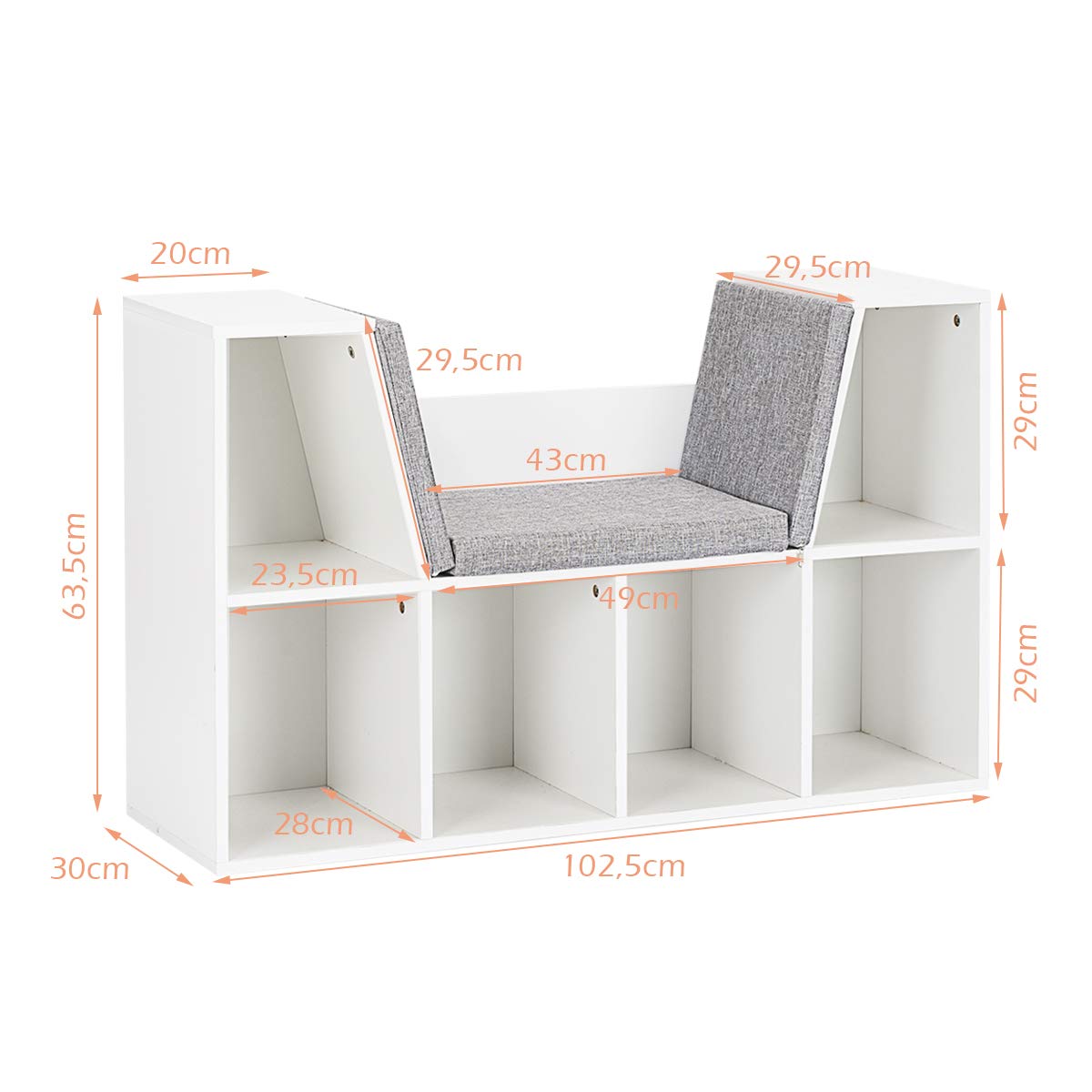GYMAX Mobiletti per Bambini, Scaffale Libreria in Legno, Seduta con Cuscino, Carico 80 kg, Bianco, 102,5 x 30 x 63,5 cm