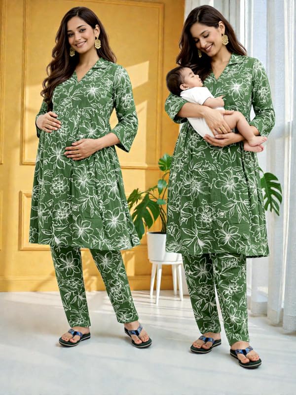 Image of RITIJYA Pure Cotton Feeding Kurta Pant Set for Women | Floral Anarkali Pregnancy Dress with Concealed Nursing Zipper Side Pocket | Pre & Post Partum | Maternity Dresses | Baby Shower Outfit