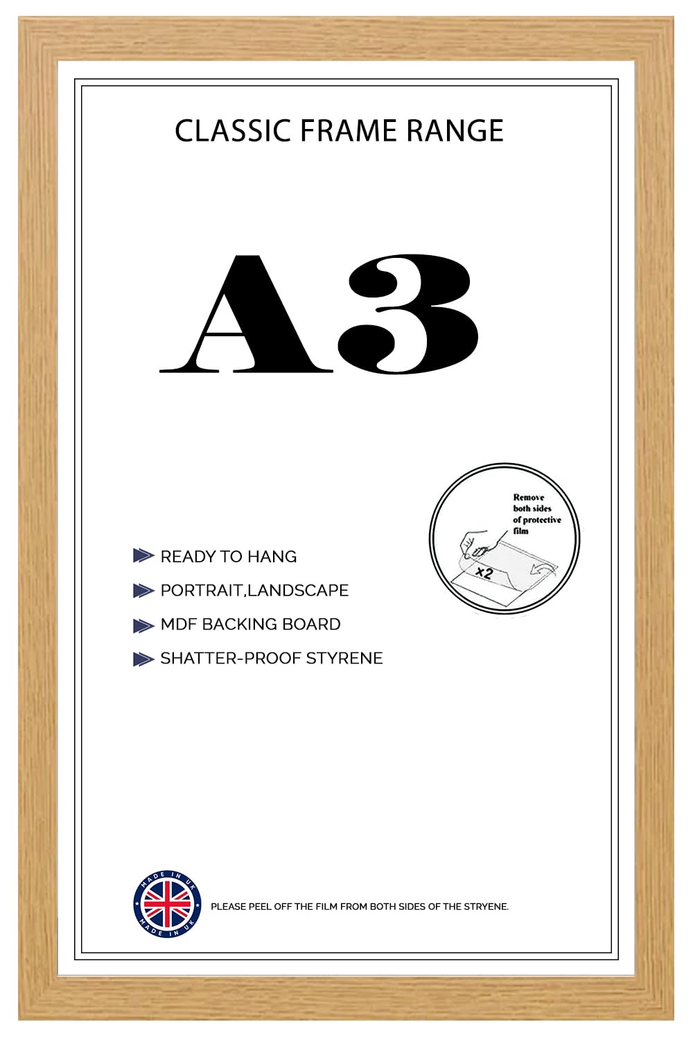 Flat Oak Poster Frame A3 Lightweight Vertical & Horizontal Shatter-Proof Acrylic HD Clear Front Wall Hanging Picture Frame