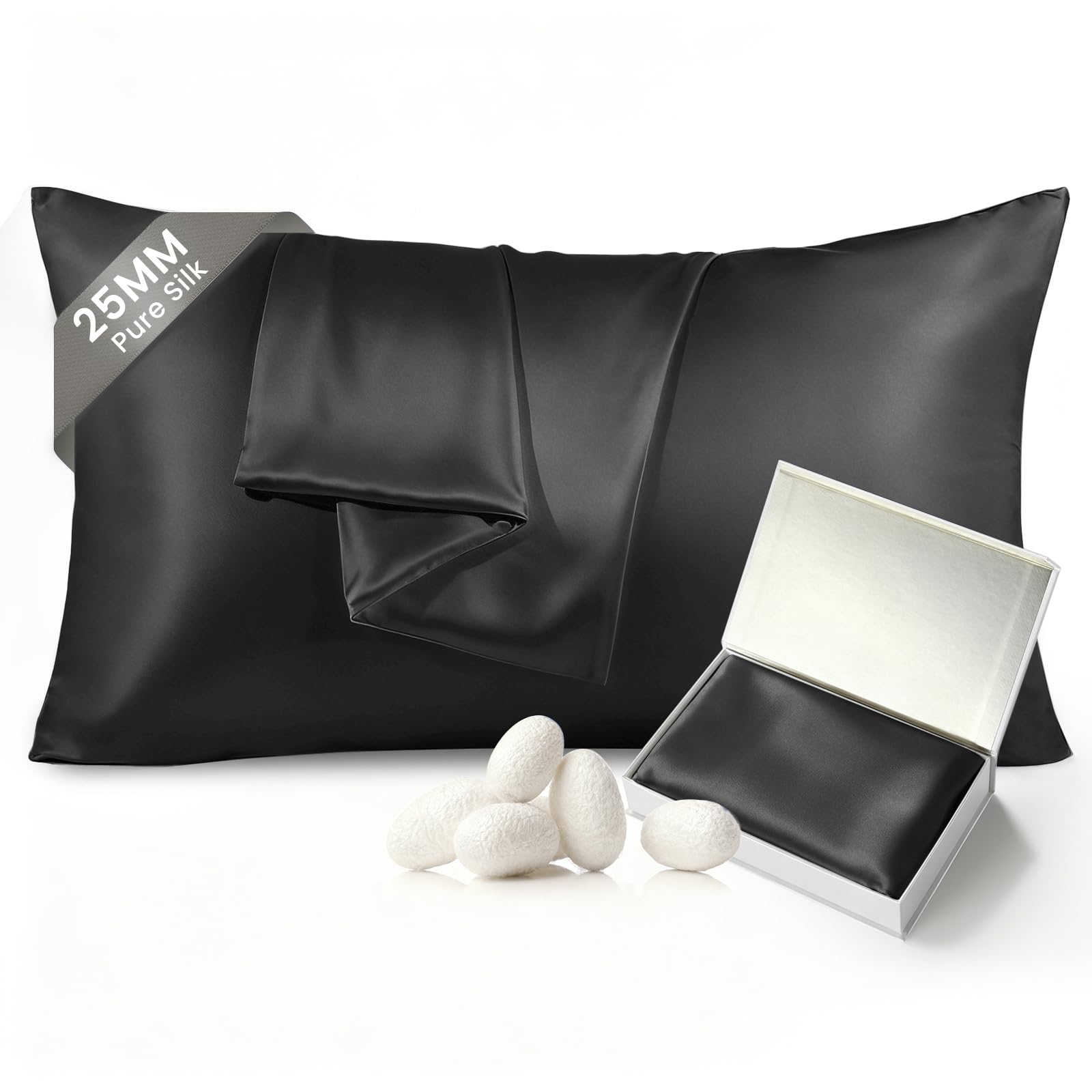 THXSILK 25 Momme 100% Mulberry Silk Pillowcase, King Size Pillowcase, Black
