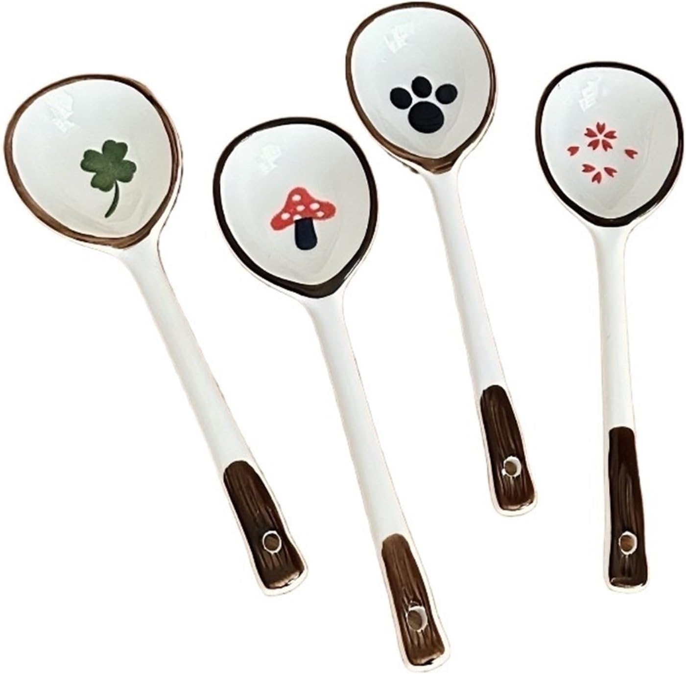 Soup Spoon 4 Pcs Spoons Set, Ceramics Round, Cute Japanese Style Porcelain Asian, Dinner for Bouillon Cereal Milk Tea, 6.7 Inch