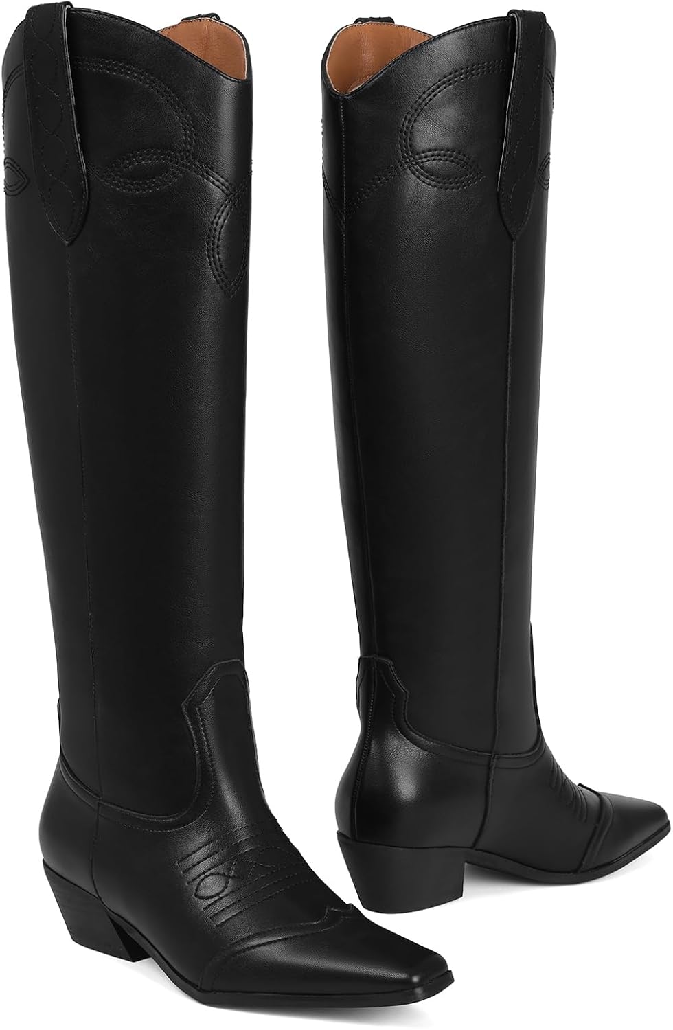 Cowboy Boots for Women Square Toe Fashion Knee High Boots Wide Calf Chunky Heel Slip On Cowgirl Boot Classic Retro Country Western Tall Boot