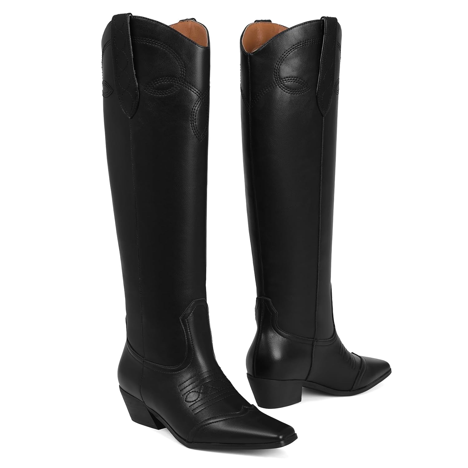 Cowboy Boots for Women Square Toe Fashion Knee High Boots Wide Calf Chunky Heel Slip On Cowgirl Boot