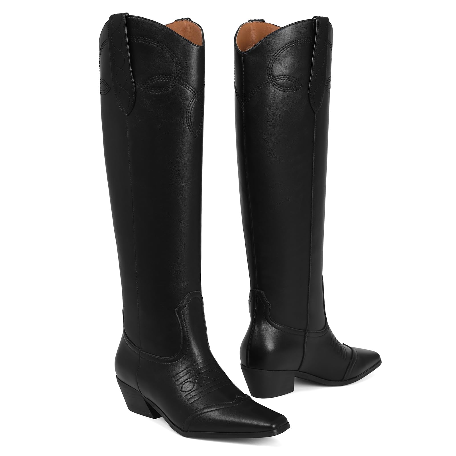 Cowboy Boots for Women Square Toe Fashion Knee High Boots Wide Calf Chunky Heel Slip On Cowgirl Boot