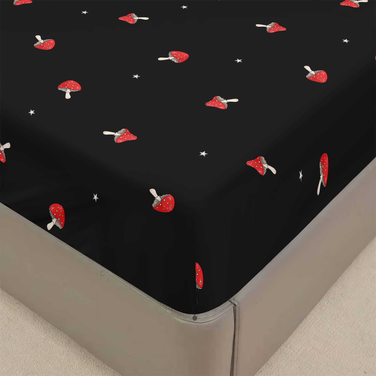Chickwin Fitted Sheets Bedding Sheets, Print Double King Single Size Bed for Deep Pocket 30cm - Shrinkage Fade Resistant Easy Care (Small Double,black mushroom)