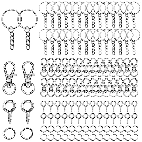 Lot de 120 outils de fabrication de porte-clés, fermoirs mousquetons, anneaux de porte-clés avec chaînes, anneaux ouverts et épingles à œillet à vis Argenté