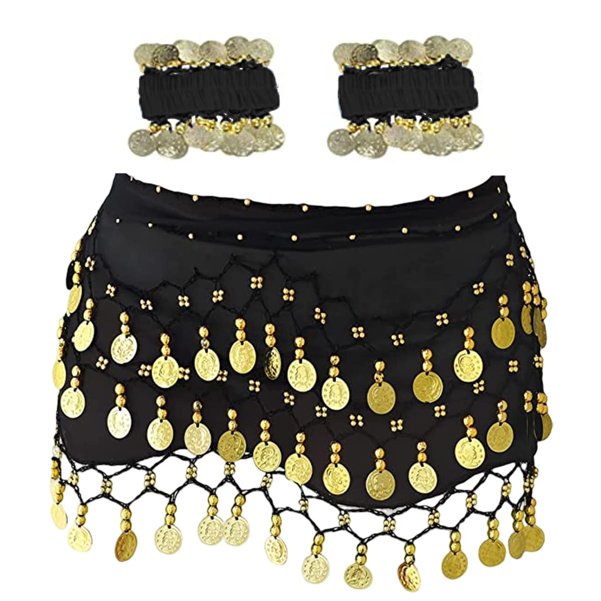 Belly Dance Hip Scarf With 128 Coins, Skirt Wrap Belt, Wrist Ankle Bracelets, Waist Chain for Zumba or Yoga Class, Performance Costume Black