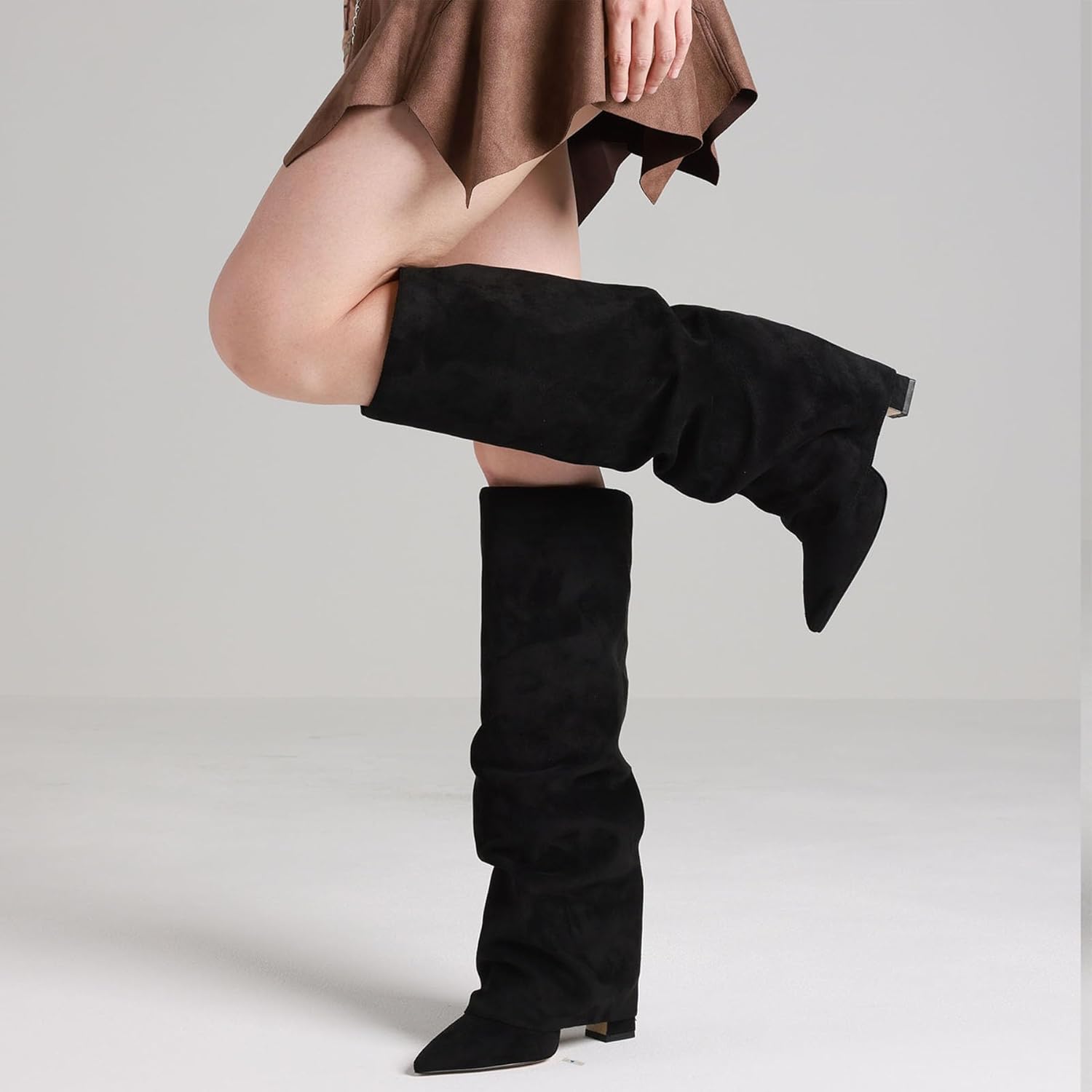 Synchoiss Womens Knee High Boots Wide Calf Chunky High Heel Boots Fashion Fold Over Boot Pointed Toe Winter Fall Tall Boots for Women Pull on Trendy - Image 2