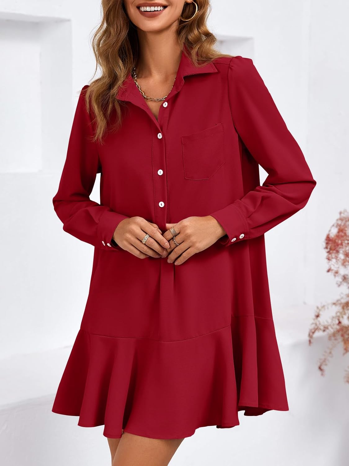 Fisoew Womens Casual Button Down Shirt Dress Long Sleeve Collared Pleated Swing Mini Dresses - Image 2