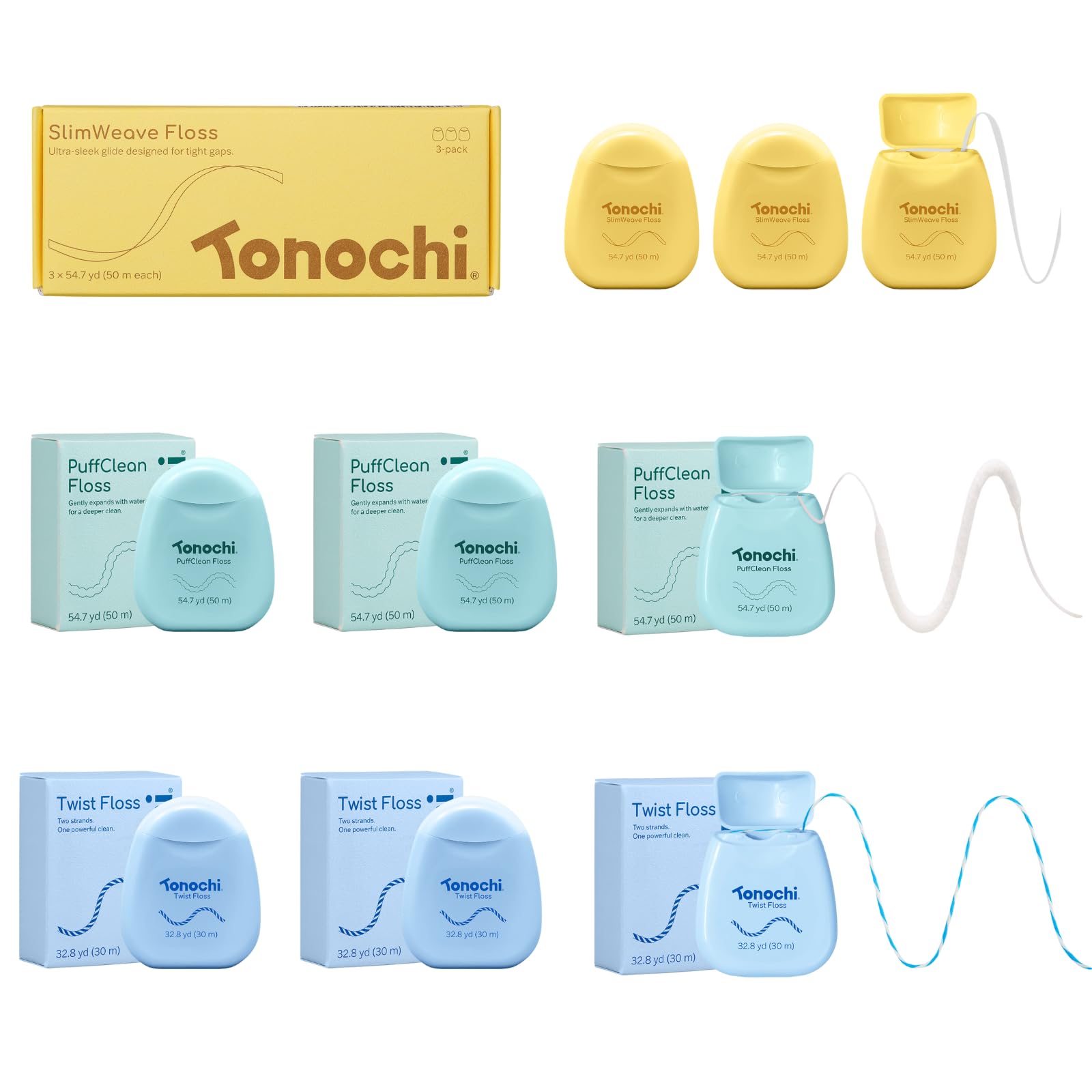 Premium Dental Floss Variety Pack 9-Pack 3x3-Pack - Expanding Woven Flat Floss for Sensitive Gums Tight Teeth Plaque