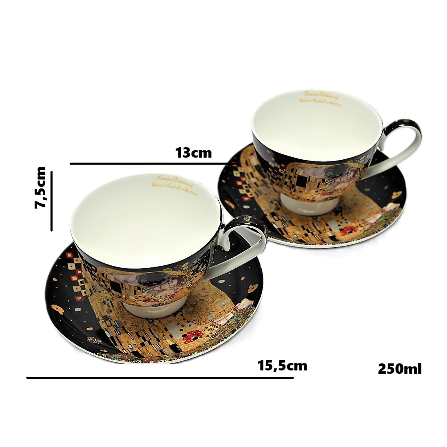 Set de 2 tasses en porcelaine Klimt The Kiss, 250 ml, porcelaine fine délicate | Boîte cadeau élégante | Motif artistique de Gustav Klimt avec boîte décorative pour les connaisseurs