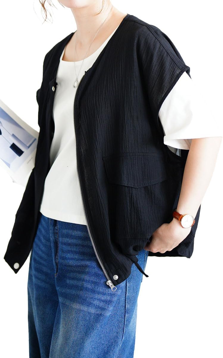 [ゴールドジャパン] 大きいサイズ レディース ベスト ジレ ジャケット アウター トップス サファリ ジップ ポケット ドロスト