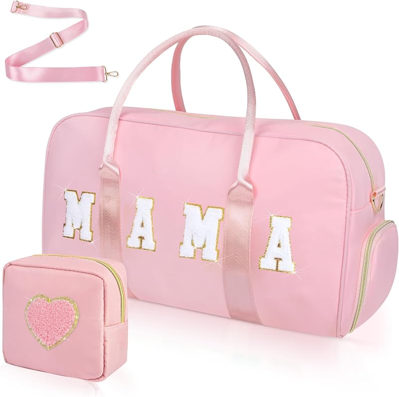 Bolso de hospital Mama para mujer Trabajo y parto Bolso de viaje de fin de semana con letras de chenilla de nailon bordado con compartimento para zapatos y regalos para el día de la madre Rosa