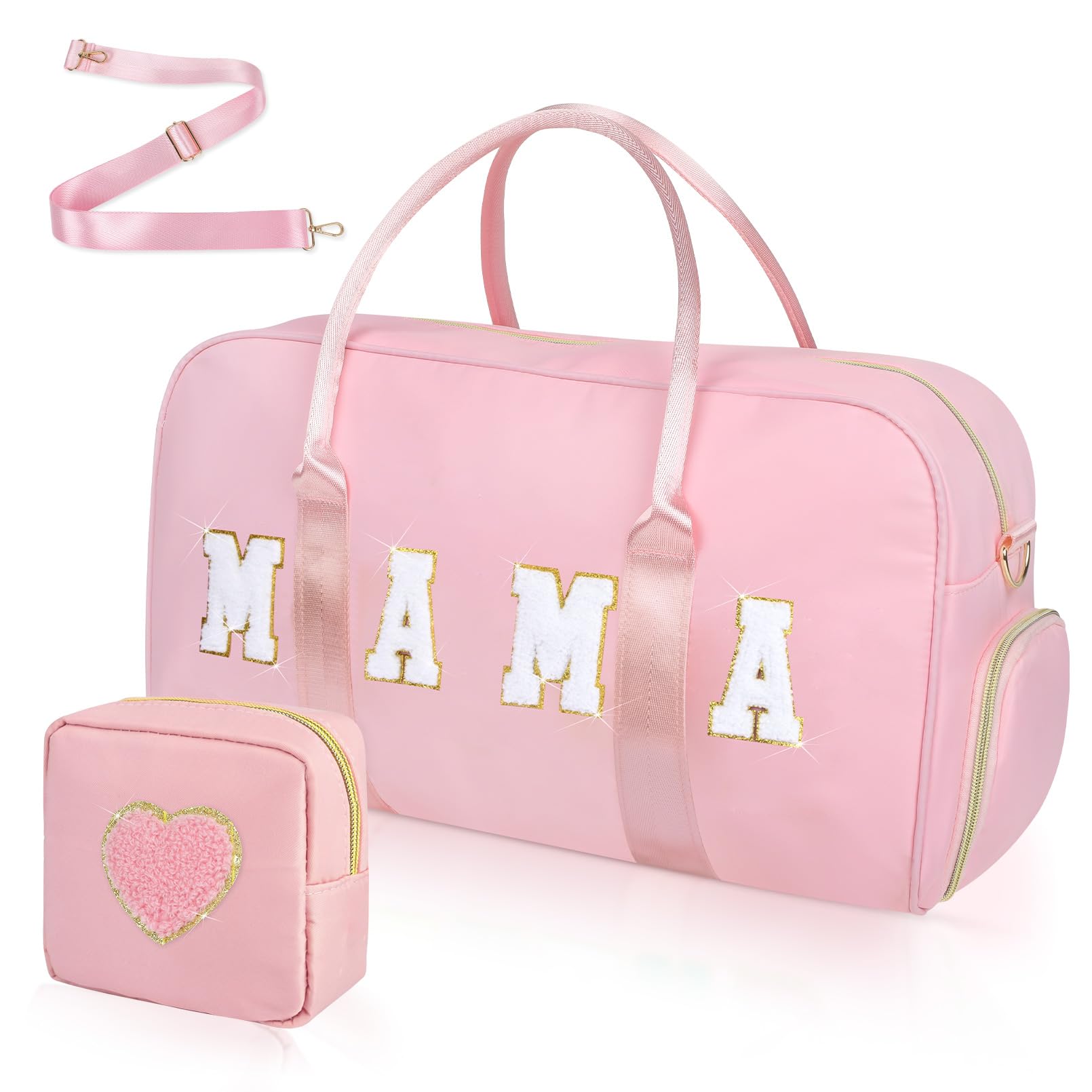 Mama Hospital Bag for Women Labor and Delivery Nylon Chenille Letter Embroidered Duffle Overnight Weekender Bag with Shoes Compartment and Mothers Day