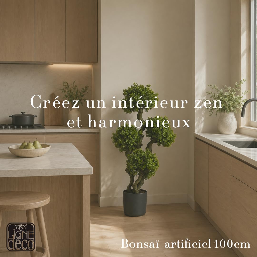 Ligne Déco – Bonsaï Artificiel 100cm | Pot Plastique Noir Intérieur Imitation Terre