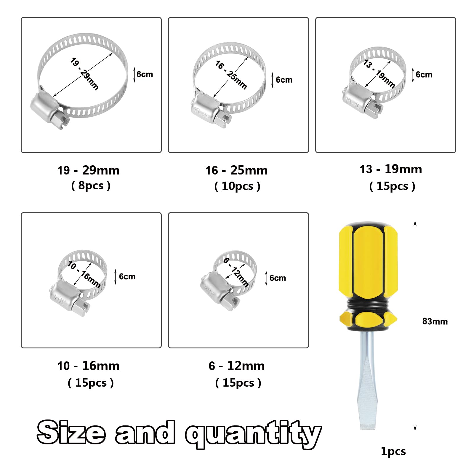 Edelstahl Schlauchschellen Einstellbare Schneckengetriebe Schlauchschellen Kraftstoffleitung Schlauchschelle für Wasserleitung Automobil Mechanische Anwendung (63PCS, 6-29mm)