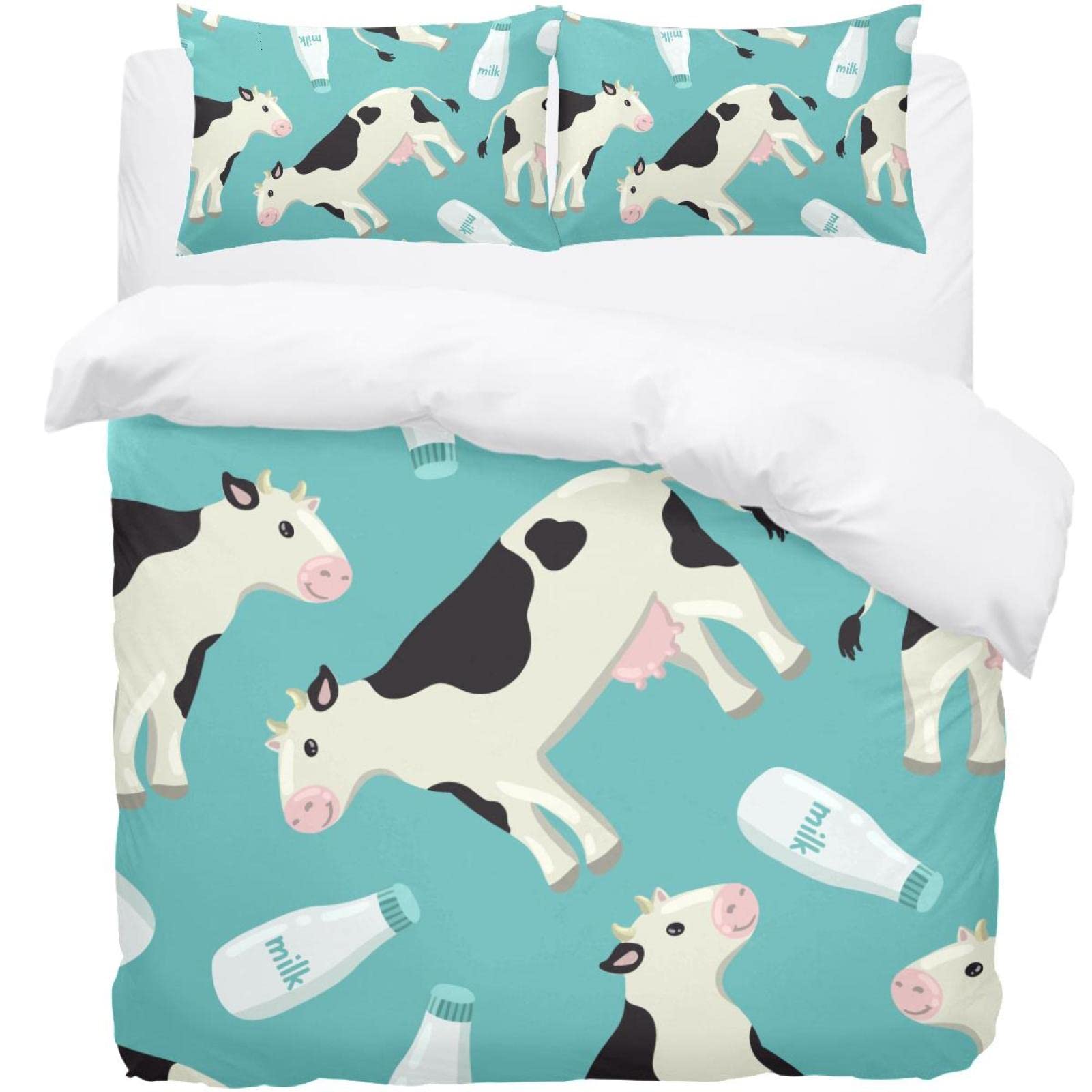Parure de lit vache housse de couette lavable sans décoloration avec 2 taies d'oreiller