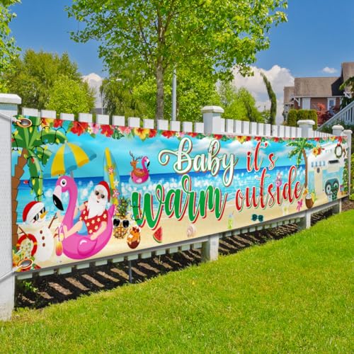 Image of Summer Christmas Banner Decorations Baby It's Warm Outside Banner Summer Christmas Yard Sign with Beach Snowman Santa for Christmas Hawaiian Luau Party Decorations