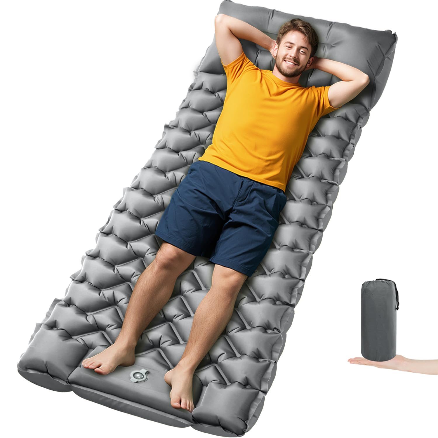 4 Inch 1.9 lb Backpacking Sleeping Pad with Fast Foot Pump | Ultralight Compact Inflatable Mat with Built-In Pillow for Hiking and Camping