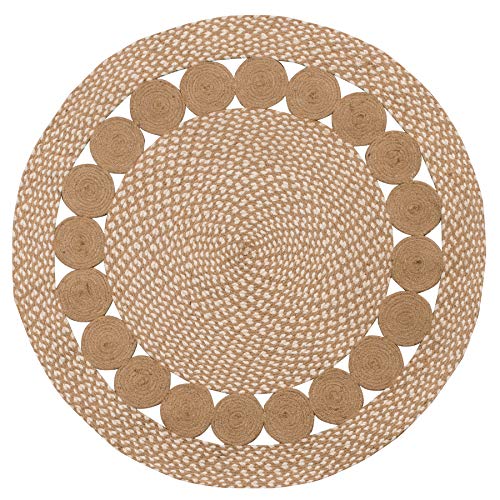 Alfombra Redonda con diseño de círculos Naturales y Blancos de Indian Arts, Natural, 90cm Diameter