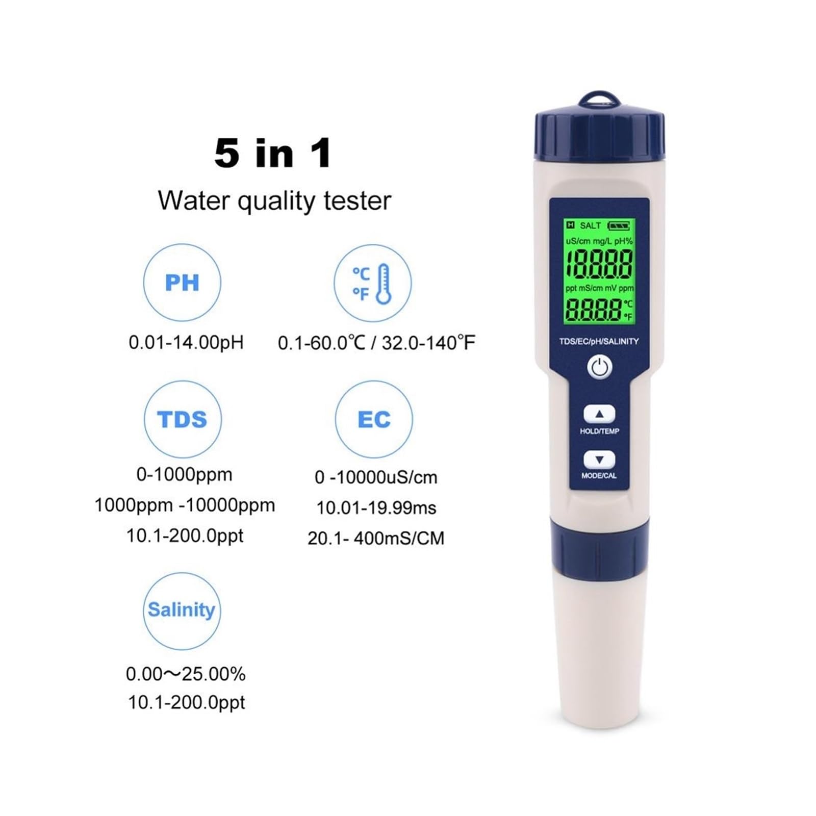 Tester Digitale for monitoraggio della qualità dell'Acqua, TDS/EC/PH/salinità/Temperatura 5 in 1 for Piscine, Acqua Potabile, acquari(PH EC TDS Salt Temp)
