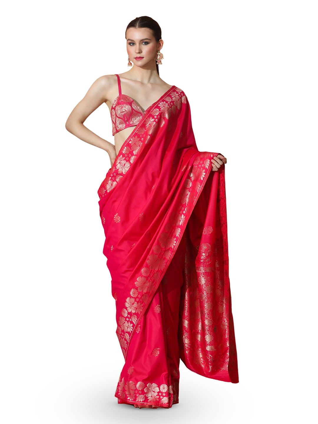 Adah Women's Katan Silk Saree in Floral Weave With Unstitched Blouse, Dark Green Color-image-44