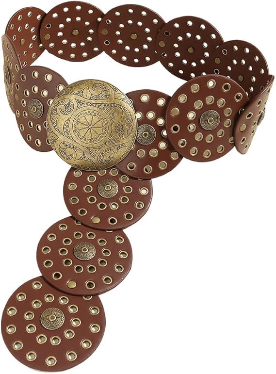 Women Wide-Disc Western-Belts - Vintage Hollow-Rivet Cowgirl-Boho-PU-Leather-Belt for Dress Jeans