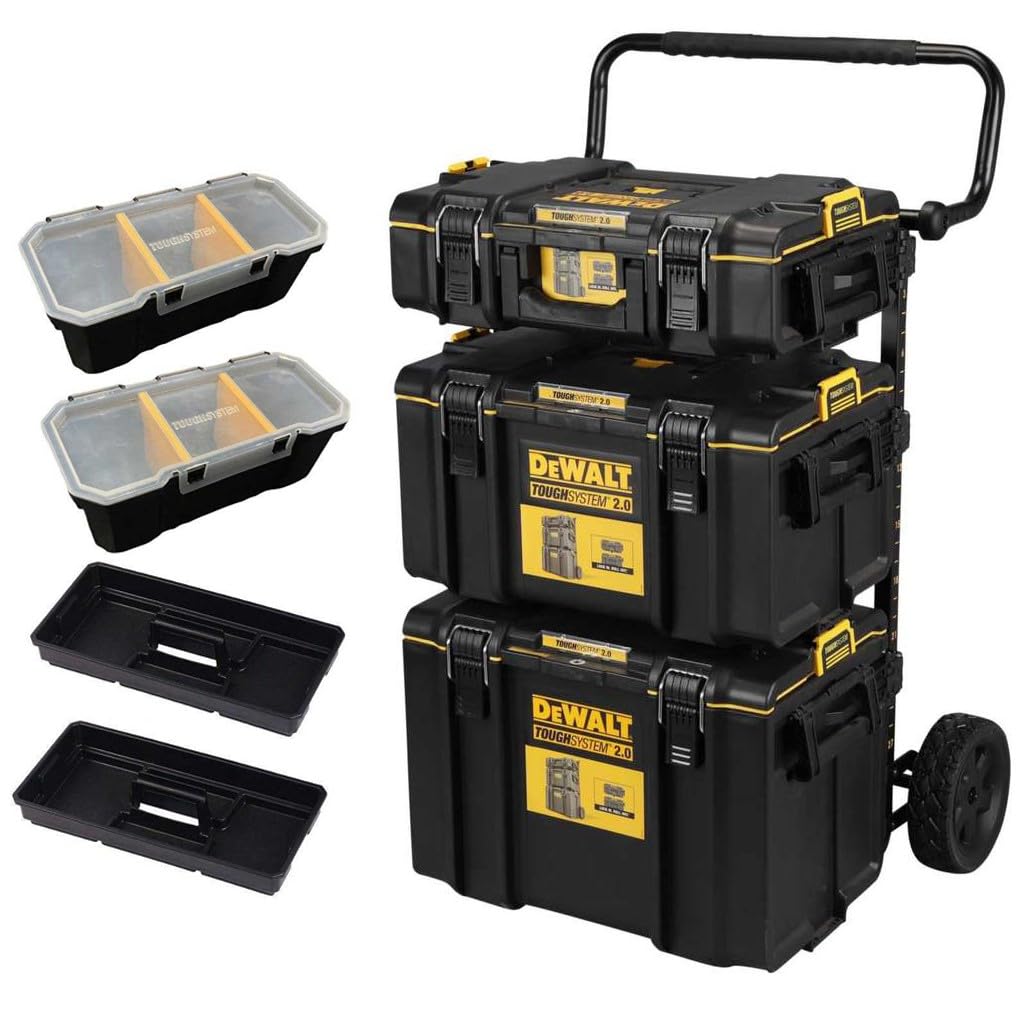 DEWALT TOUGHSYSTEM 2 0 – 4-in-1 Modular Storage Solution Includes toolbox organizer tote and rolling box Durable stackable and ideal for jobsite organization