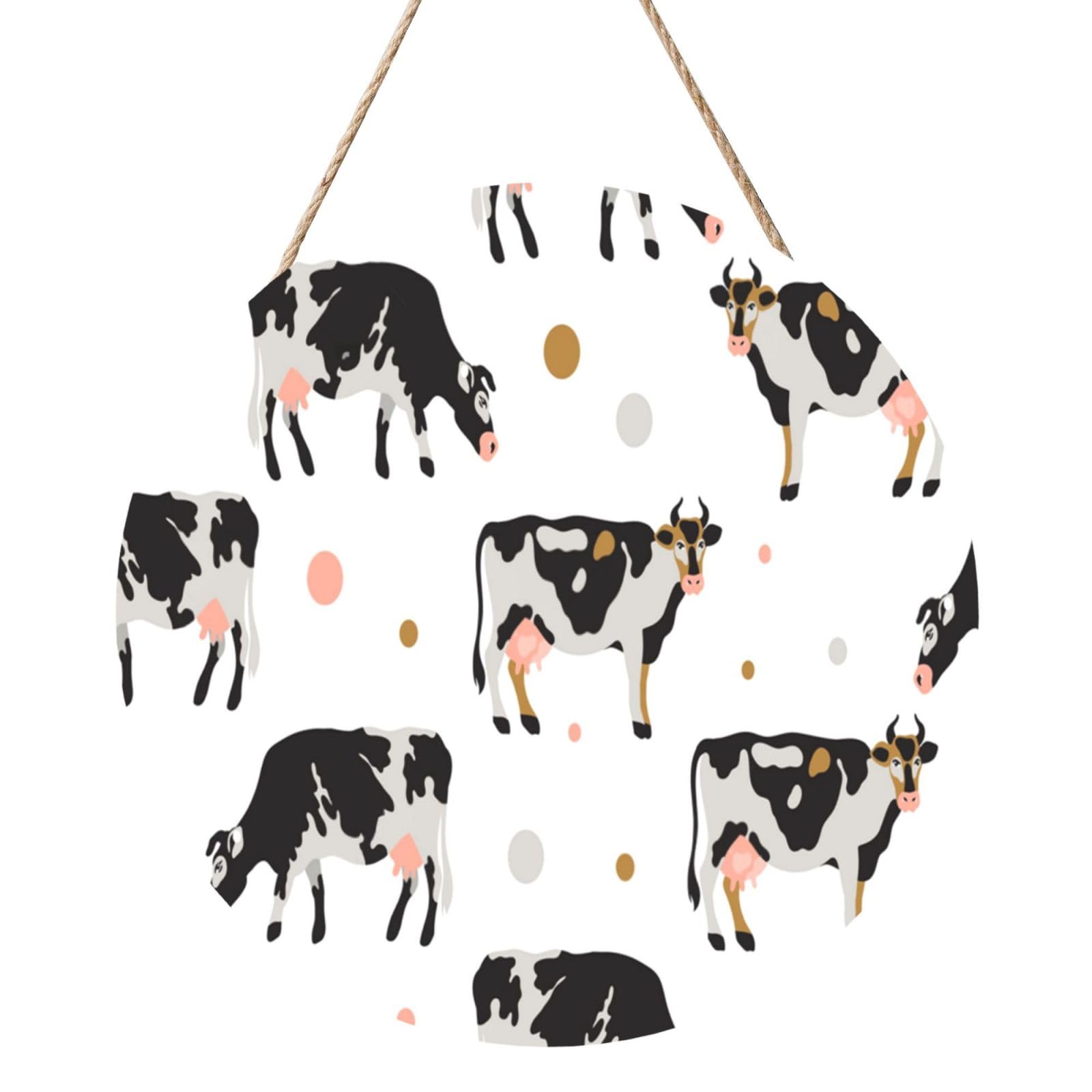 InOmak Milk Spotted Cow Black Cow, Round Wood Panel Painting 12 in, Wall Hanging Painting For Home