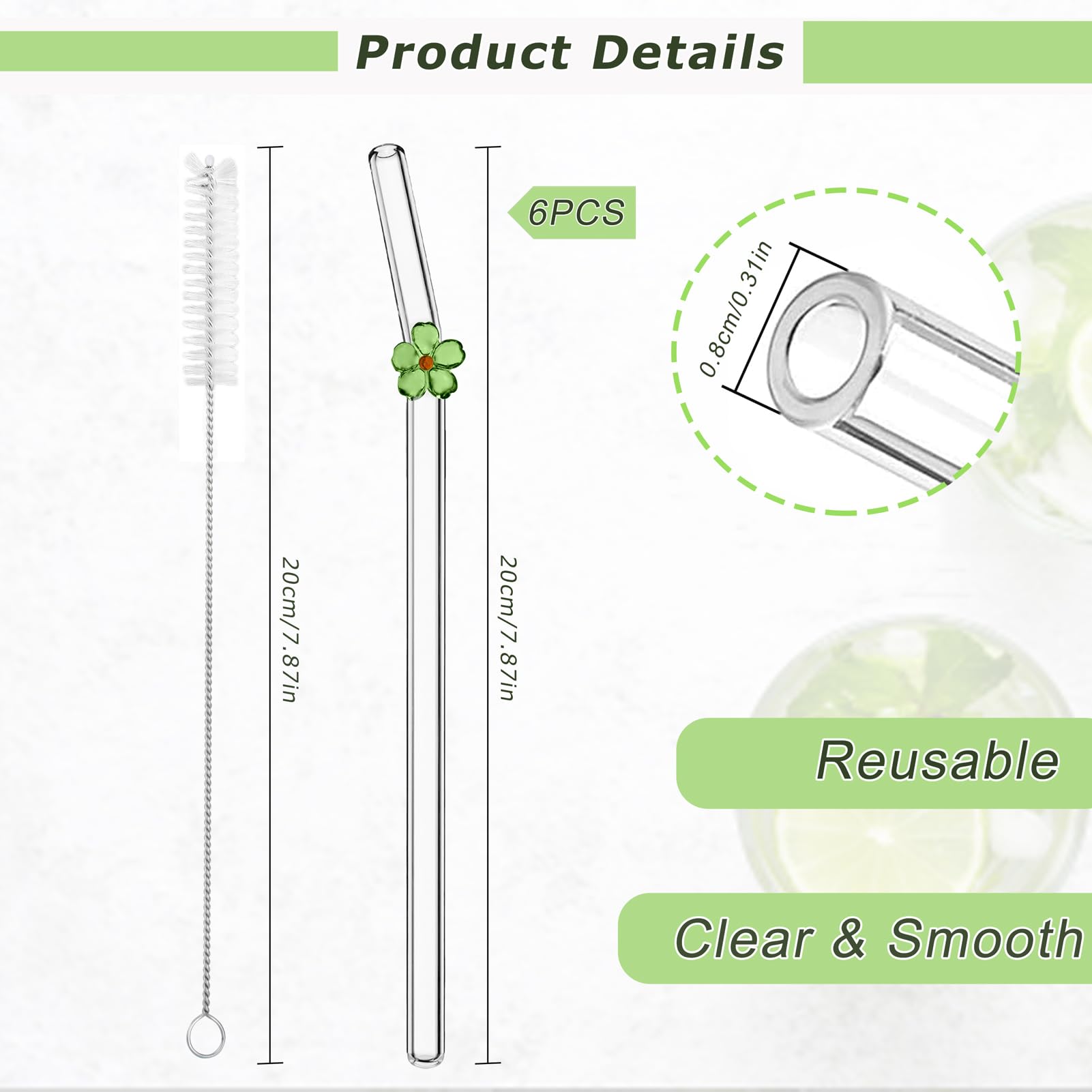Lot De 6 Pailles En Verre Réutilisables Avec Brosses De Nettoyage