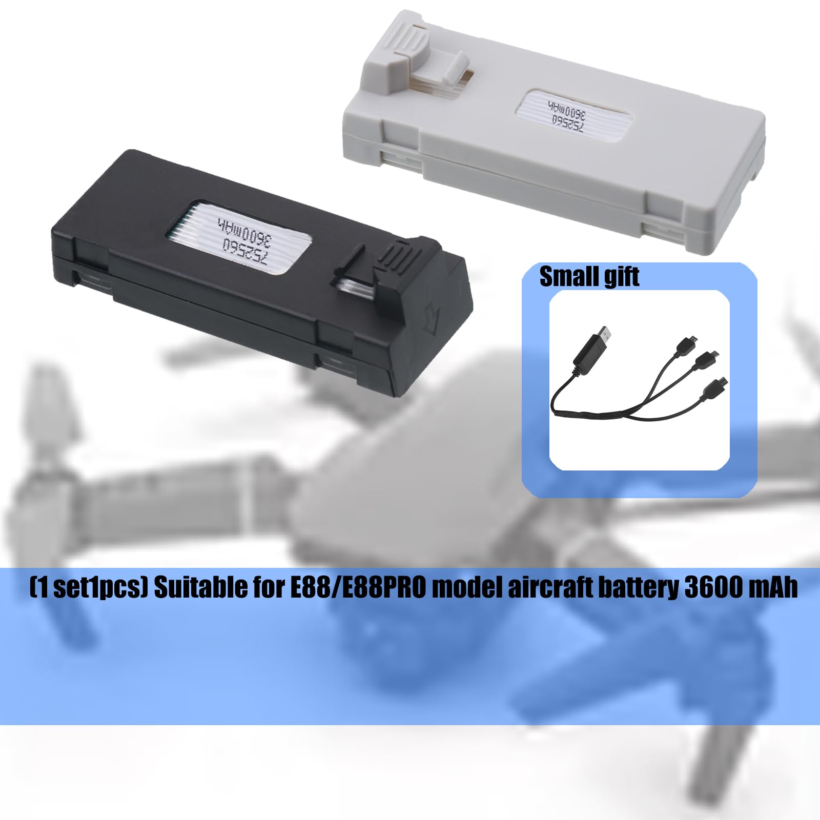 Baterías de litio de alta capacidad de 3600 mAh para drones teledirigidos, compatibles con los modelos E88 / E99 / E89 / P1 / K7 / E55 Durabilidad ABS Shell batería de drones — view 3