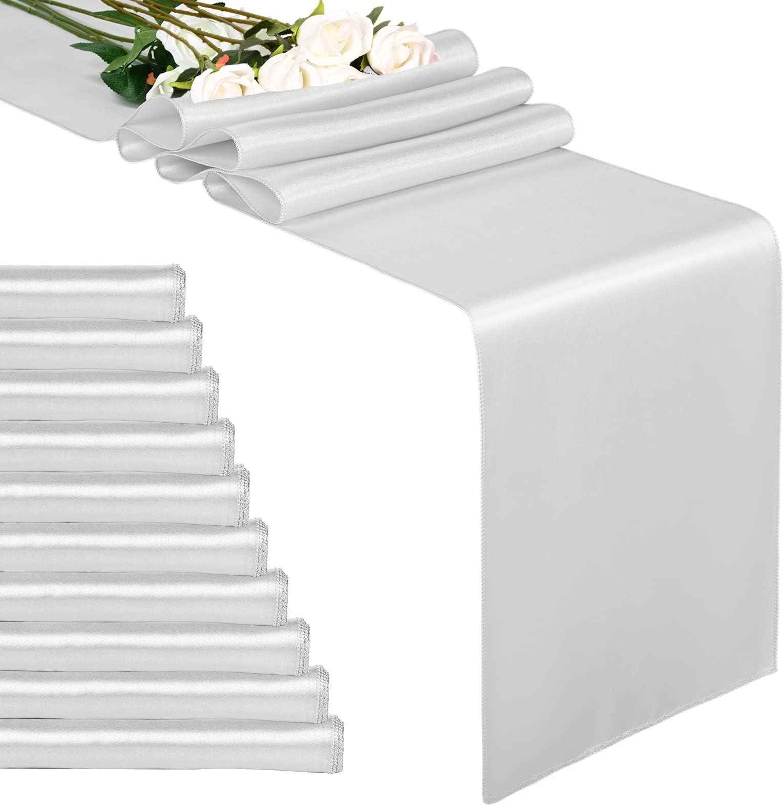 10-Pack Light Silver 12 x 108 inches Long Premium Satin Table Runner for Wedding, Decorations for Birthday Parties, Banquets, Graduations, Engagements, Table Runners fit Rectange and Round Table