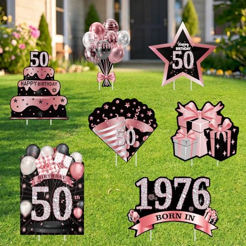 DECEED 7 PCS Happy 50th Birthday Yard Signs Birthday Outdoor Decorations for Men and Women Made in 1976 Lawn Sign Black Gold Fifty Year Old Birthday Yard Decor with Stakes(BlackPink)